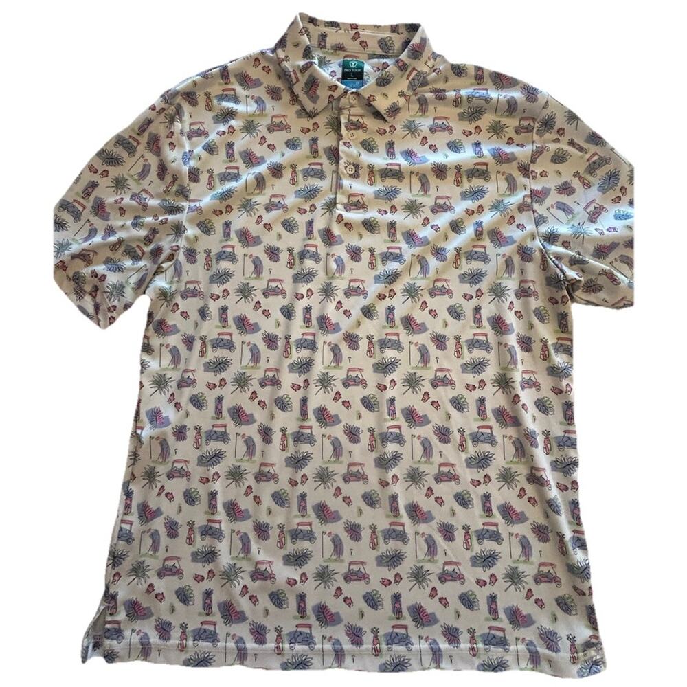 PGA Pro Tour Men’s Pastel Golf Polo Shirt Golf Cart Print White Novelty Sz Large